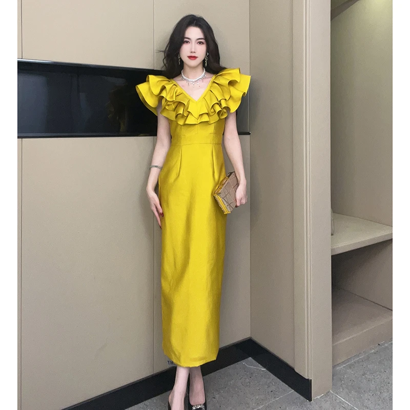 新款设计感小众V领修身显瘦优雅气质法式宴会连衣裙30502