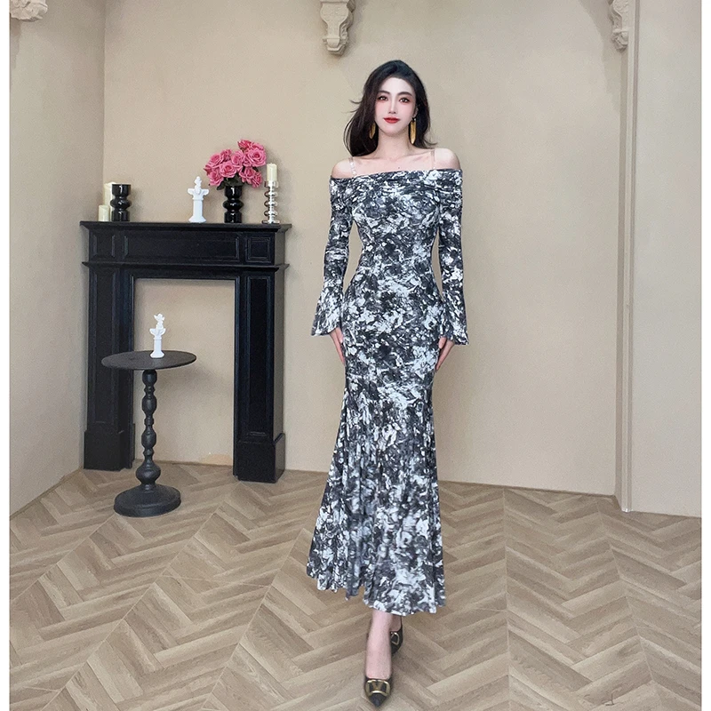 【设计师定制】新款气质复古轻奢水墨画修身鱼尾连衣裙21443