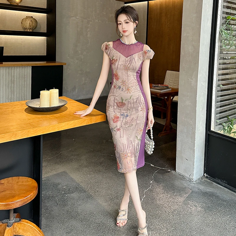 复古露肩洋气显白显瘦高贵紫修身碎花连衣裙10707