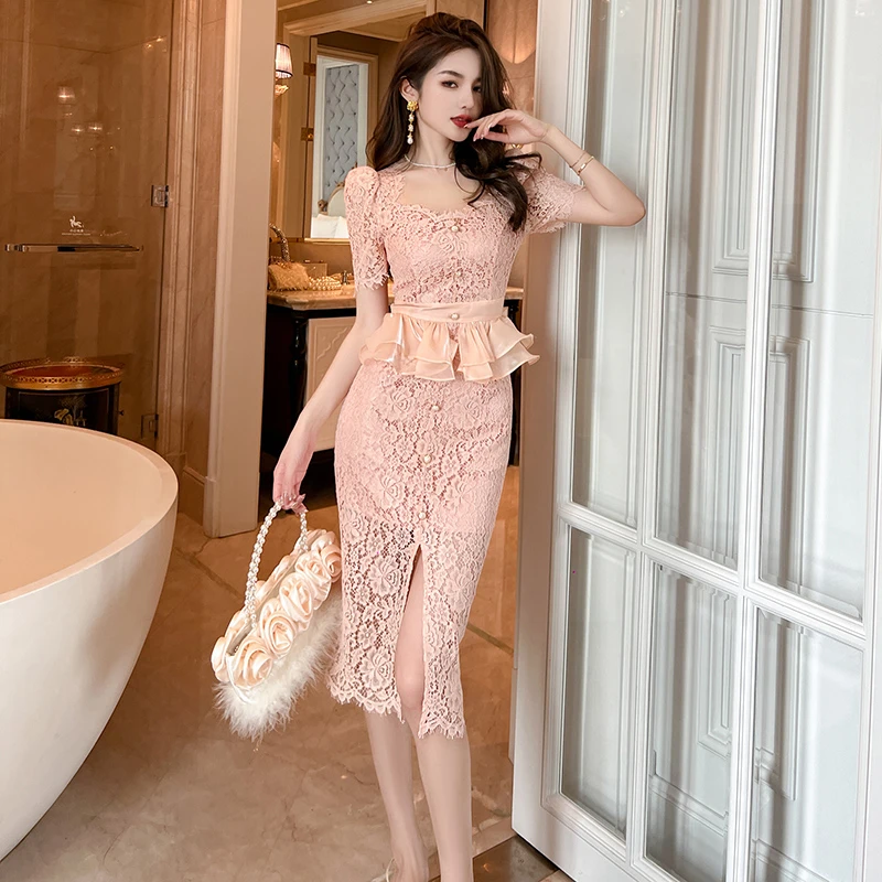 【QY定制】气质名媛法式收腰时尚显瘦蕾丝连衣裙--10406