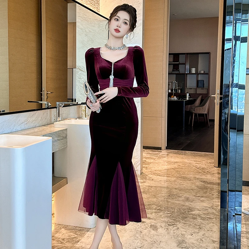 20997 高贵名媛礼服长款显瘦气质轻奢宴会包臀鱼尾连衣裙秋冬修身