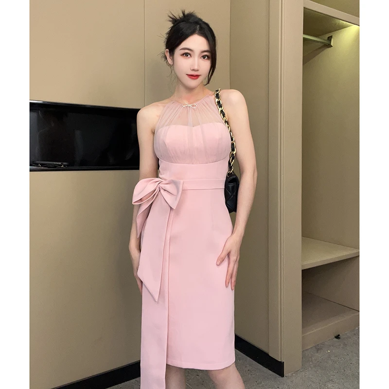 【琼仪高定】夏季新款粉色系甜美微透蝴蝶结包臀收腰显瘦连衣裙9291