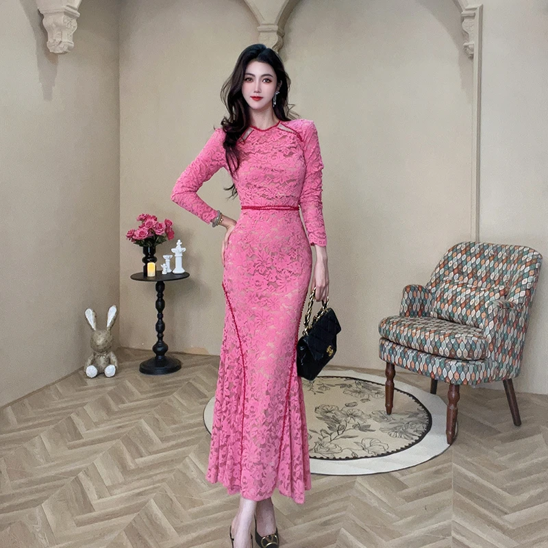 【琼仪定制】秋季新款气质优雅蕾丝修身显瘦包臀鱼尾连衣裙50566