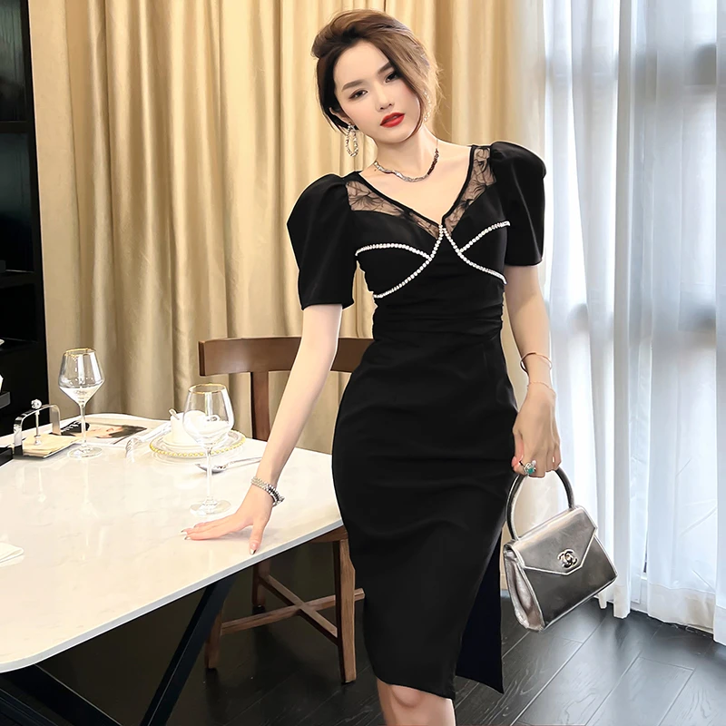 法式名媛风收腰显瘦高级感开叉包臀连衣裙10153