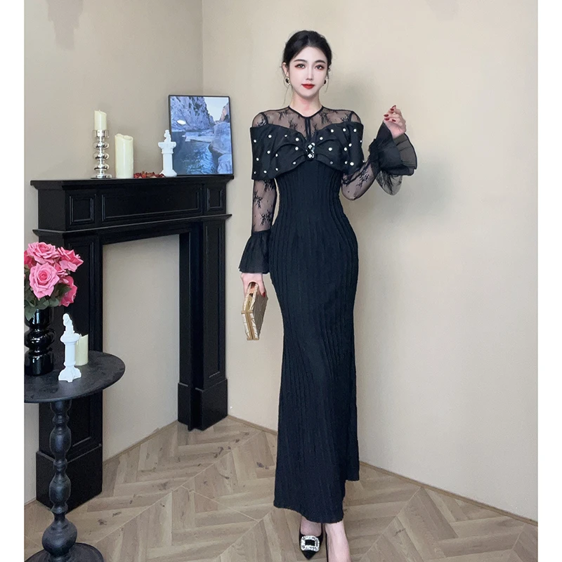 【设计师定制】法式气质长袖黑色时尚名媛显瘦连衣裙51130