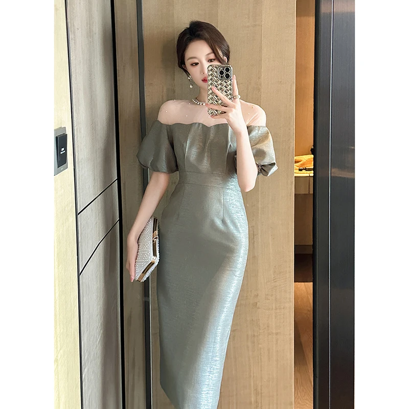 新款气质时尚名媛设计感泡泡袖收腰连衣裙21288