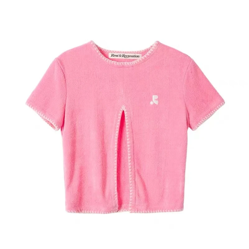 SHIMMER/设计师品牌rest时尚开叉短款针织衫T恤百搭修身