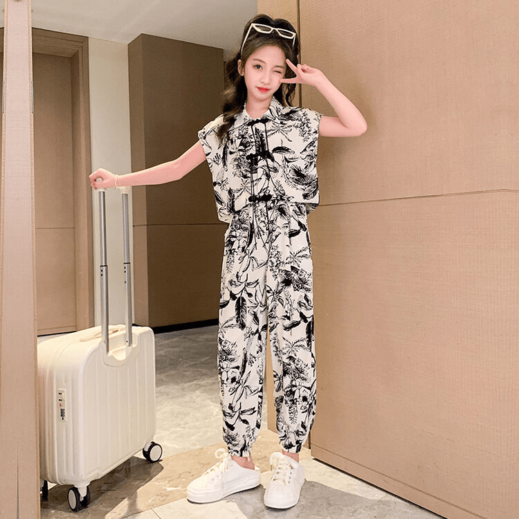 女童国风套装2024新款夏季儿童洋气时尚休闲印花两件套女孩气质