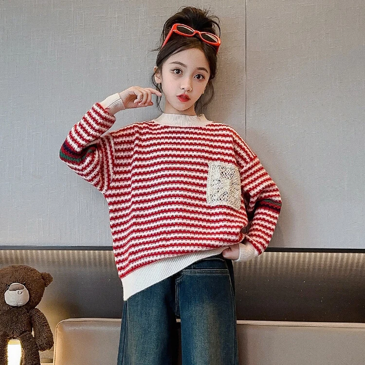 女童毛衣秋冬款时髦条纹上衣2024新款休闲童装儿童冬季外穿打底衫