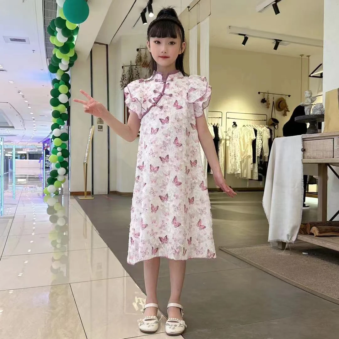 女童连衣裙2024新款夏小女孩旗袍中国风高级感刺绣飞飞袖儿童裙子