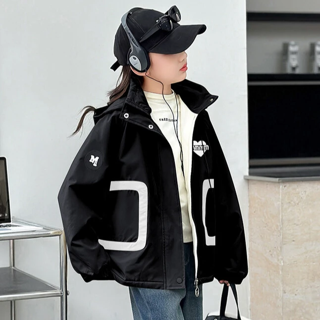 女童外套秋冬装2024新款洋气中大童加绒加厚连帽深秋防风冲锋衣潮