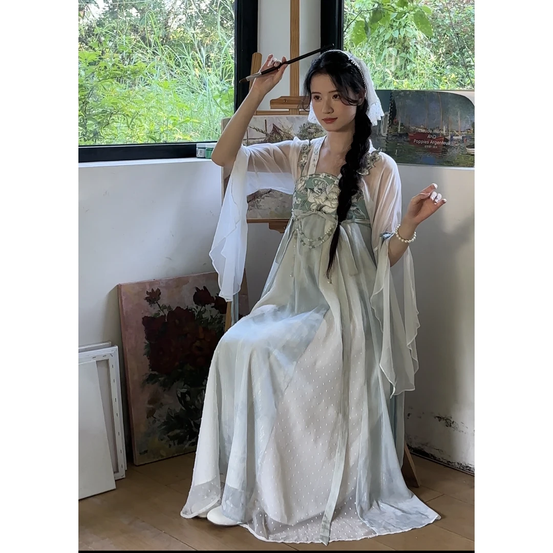 云拥川春夏新品【竹华香识】汉服齐胸汉元素吊带连衣裙蓝绿色