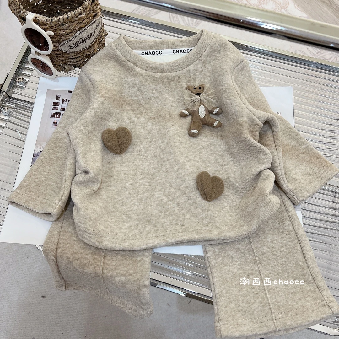潮西西定制童品2025秋冬新款燕麦色卡通卫衣长裤加绒套装女童