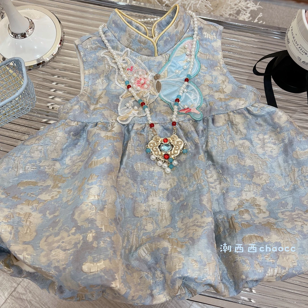 潮西西定制童品2025秋冬新款baby蓝新中式公主背心裙蝴蝶加绒