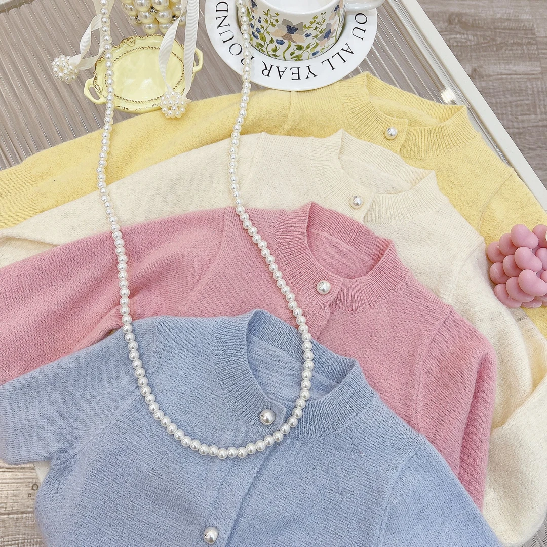 2024潮西西春秋新款女童珍珠针织开衫毛衣外套薄款宝宝甜美韩系