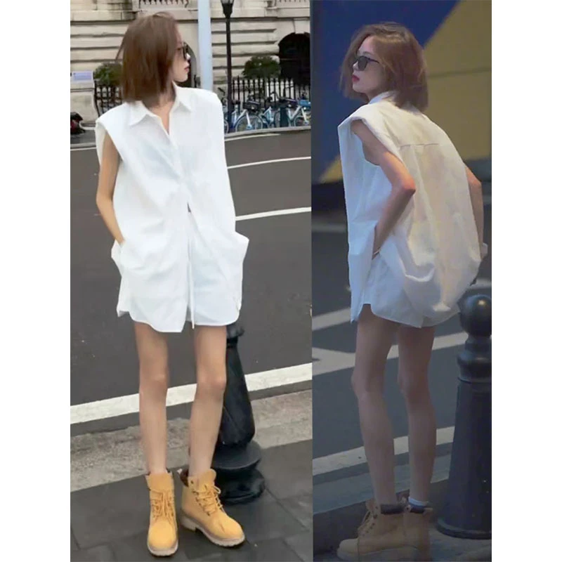 韩版时尚气质休闲套装女夏季新款垫肩无袖白色衬衫阔腿短裤两件套