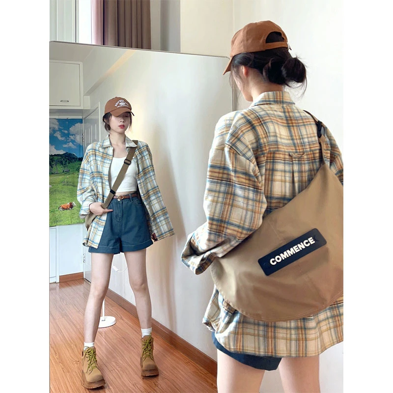 幂式穿搭复古格子衬衫女外套春夏季衬衣法式慵懒休闲长袖百搭上衣