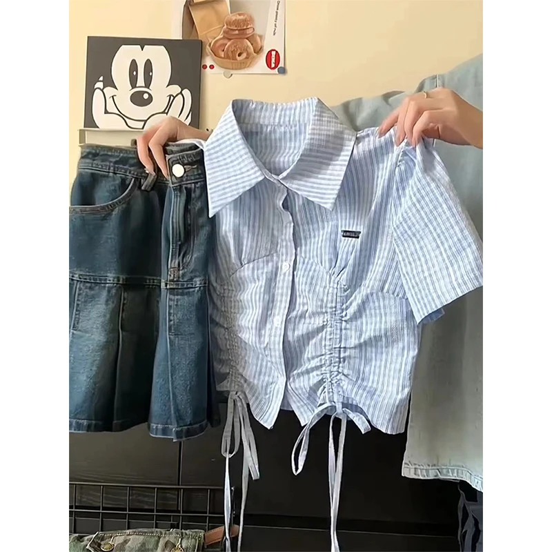 小个子穿搭蓝色条纹短袖衬衫女抽绳设计感小众别致正肩短款上衣夏