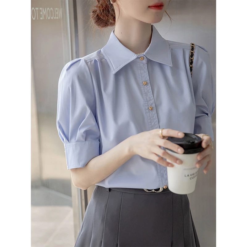 夏季法式泡泡袖蓝色衬衫女2024年面试正装职业通勤短袖小个子上衣