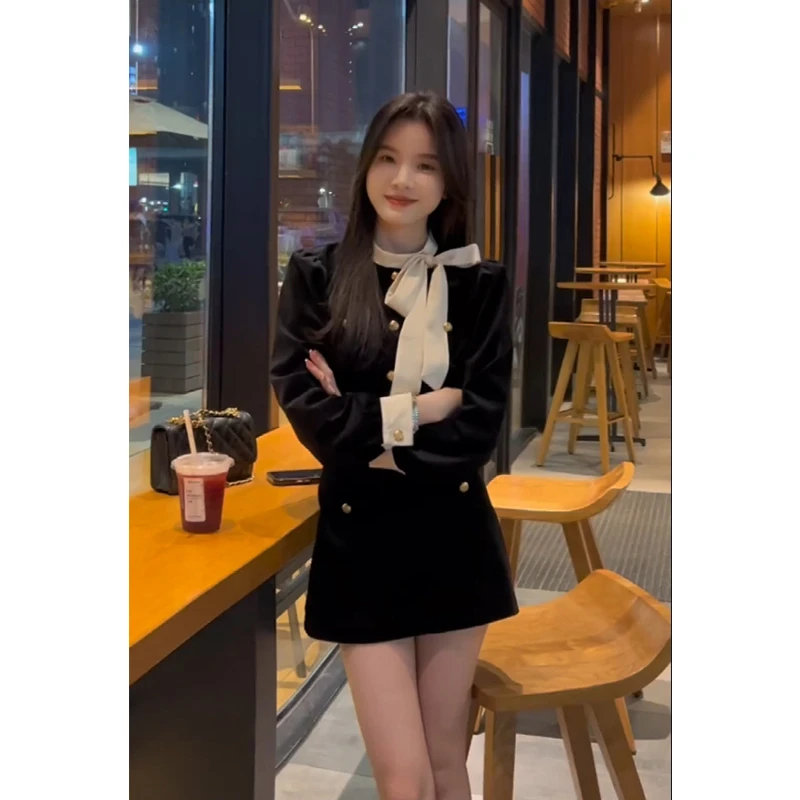 法式小香风蝴蝶结丝绒套装富家千金拼接衬衫女包臀裙A字裙两件套