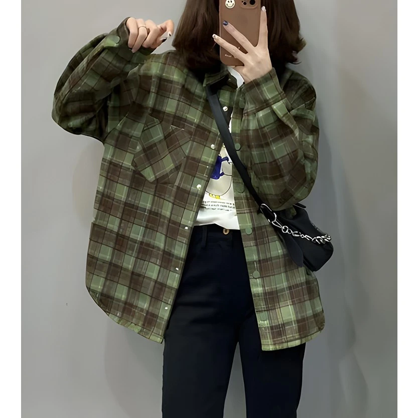 磨毛格子衬衫女加绒加厚秋冬2024新款宽松慵懒风时尚洋气外套上衣