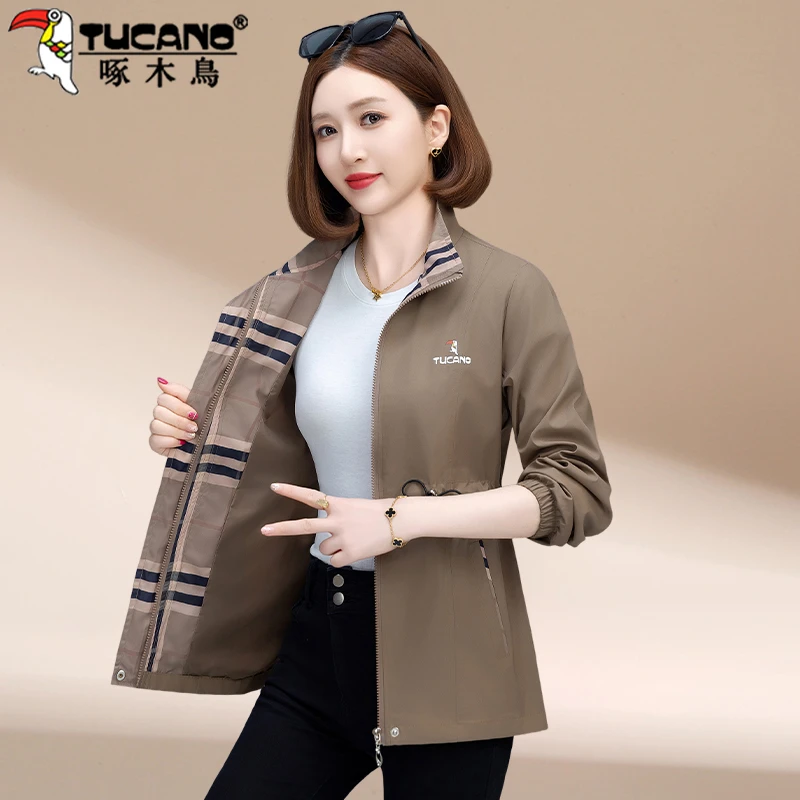 【官方】啄木鸟女士外套秋新款中年妈妈收腰卡其色风衣初秋洋气上衣