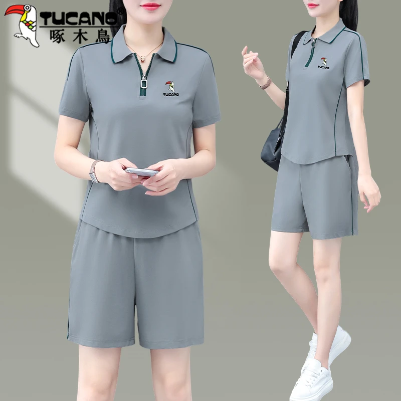 【官方】啄木鸟短裤套装女时尚洋气时髦夏天新妈妈款夏装短袖运动服