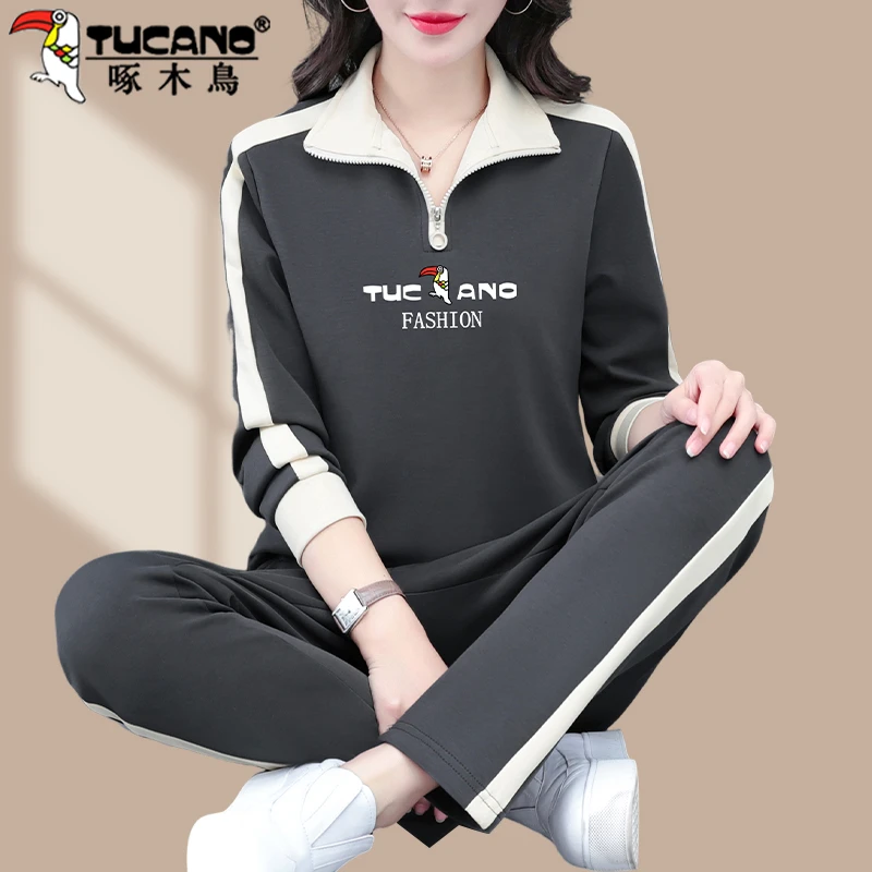 【官方】啄木鸟长袖卫衣运动套装女新款时尚洋气女士秋装休闲两件套