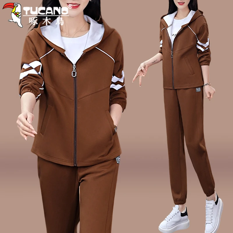 【官方】啄木鸟初秋外套运动套装女新款爆款妈妈装秋款开衫两件套
