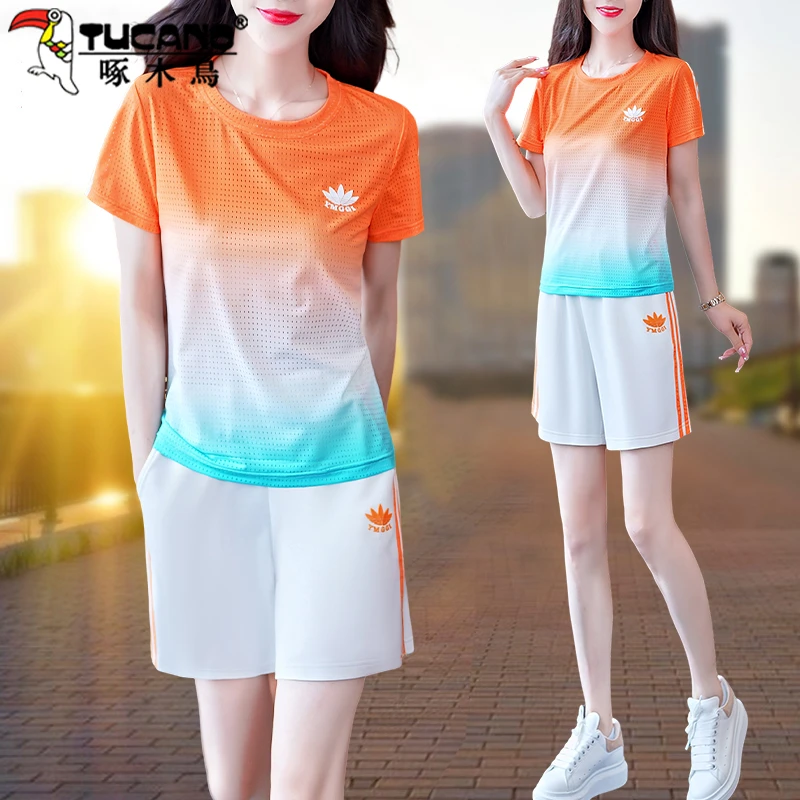 【官方】啄木鸟短裤运动套装女新夏季时尚洋气速干短袖五分裤跑步服