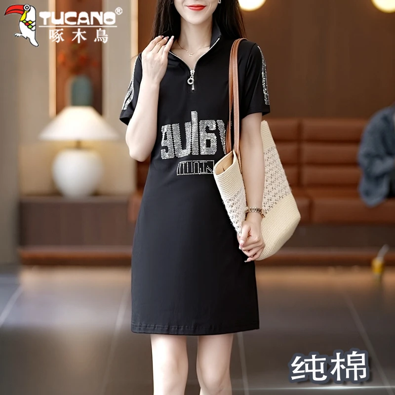 【官方】啄木鸟休闲t恤裙子女夏新款妈妈款40岁气质显瘦遮肉连衣裙