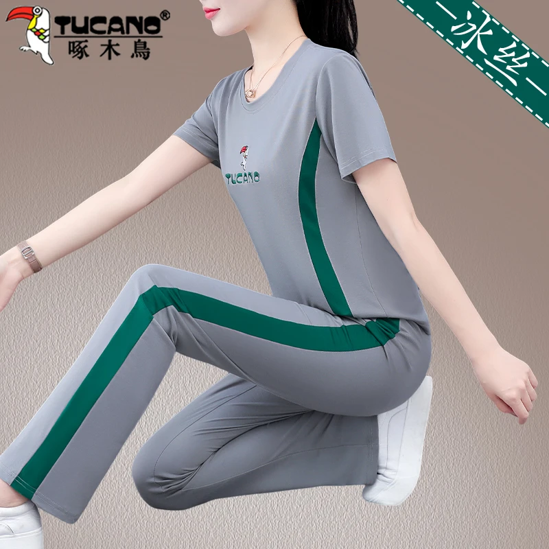 【官方】啄木鸟休闲运动女款夏装套洋气减龄两件套女装夏季新款上衣