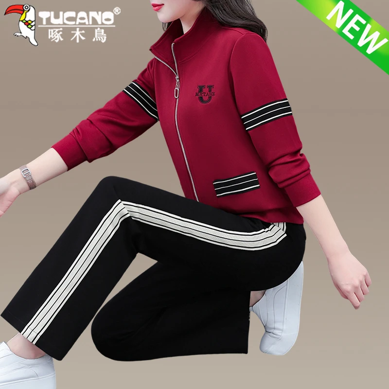 【官方】啄木鸟卫衣运动套装女新款时尚洋气女士品牌春秋外套两件套
