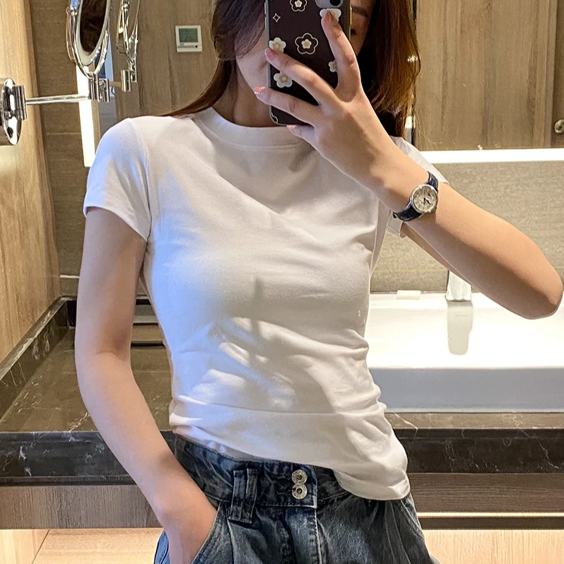 t恤女短袖新款正肩修身内搭洋气白色体恤短款上衣打底衫潮