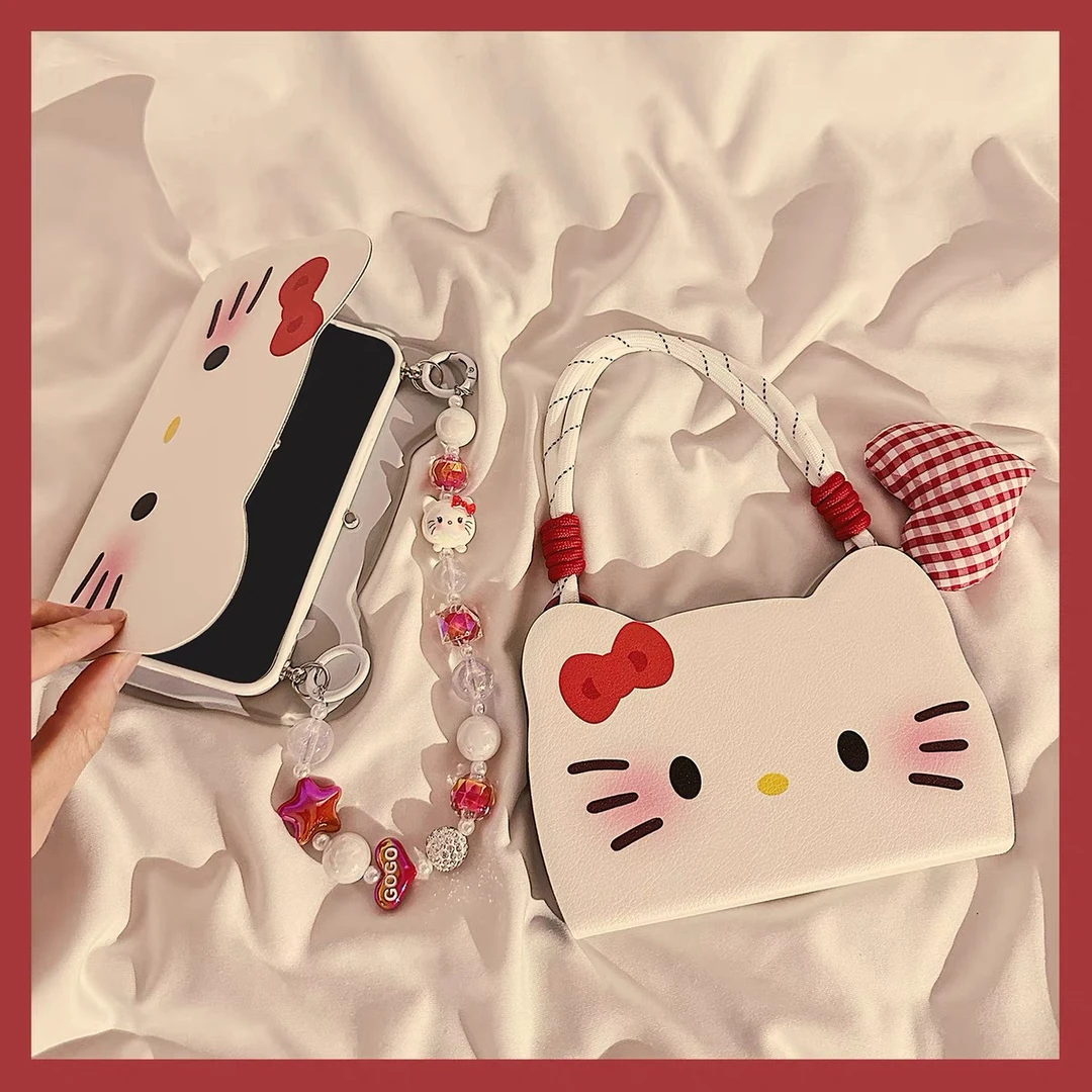 腮红KT猫翻盖皮纹iPhone15promax适用苹果13手机壳12手提挂绳女14