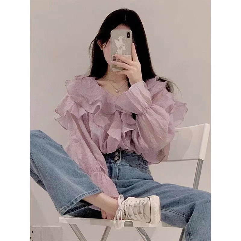 （直播间编号拍 请谨慎拍）泡泡袖长袖衬衫宽松荷叶边洋气