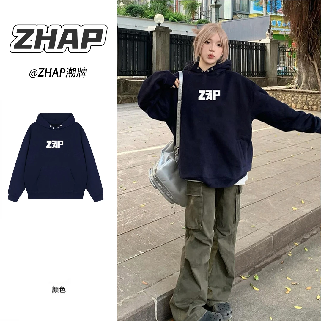 【ZHAP】美式复古青春字母双纽扣连帽卫衣2024冬宽松季上衣ins潮流