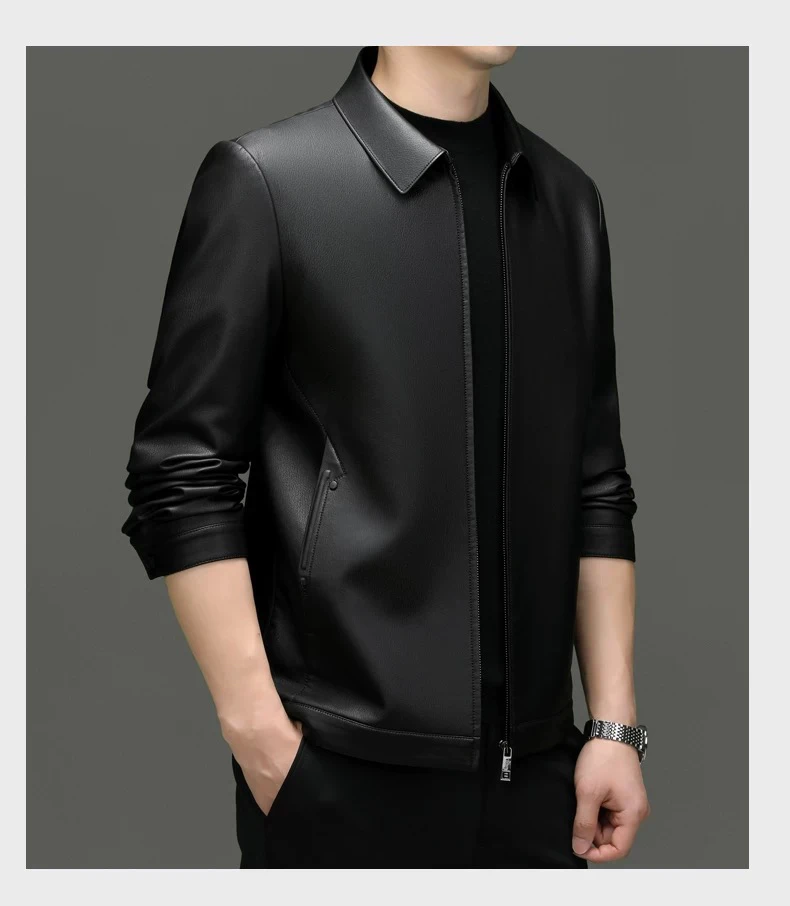 【海宁优选】春季新款男士休闲商务高档皮夹克