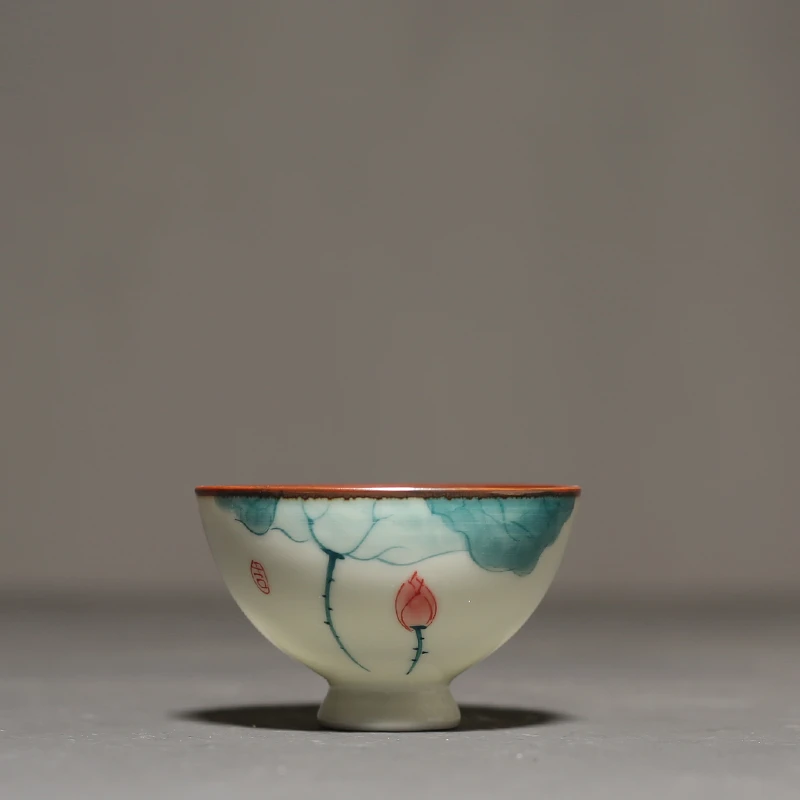 隐俗手绘荷花茶杯陶瓷喝茶品茗杯主人杯单杯功夫茶具小茶杯釉下彩