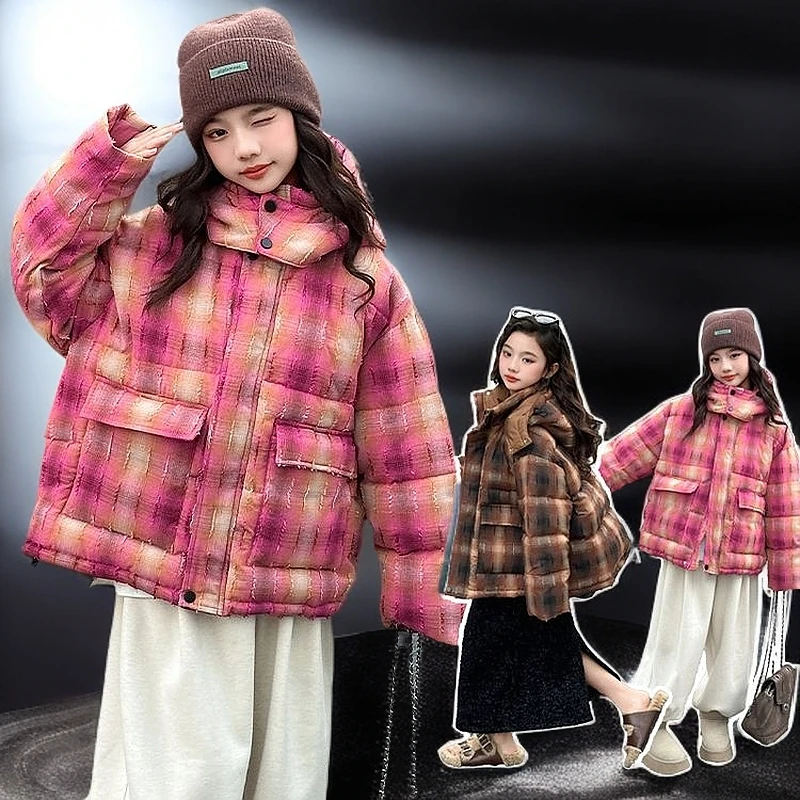 女童棉衣冬季2024新款洋气大童加厚冬装上衣女孩棉袄儿童格子外套