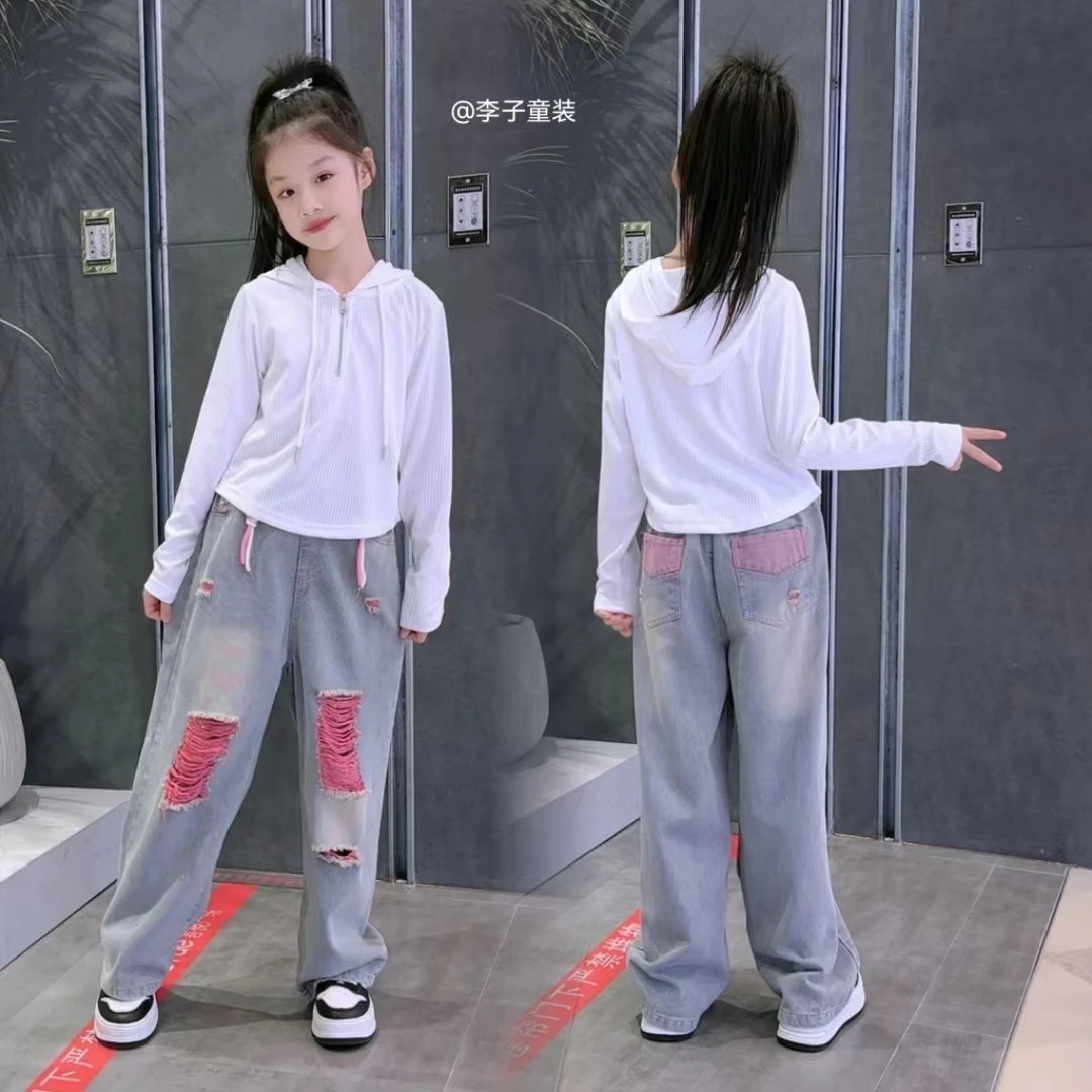 女童牛仔裤2024夏季中大童韩版时尚洋气破洞直筒裤女孩百搭阔腿裤