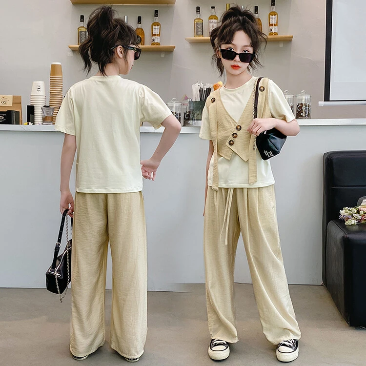 女童装夏季时髦洋气t套装中大童女孩潮酷假两件T恤阔腿裤儿童衣服