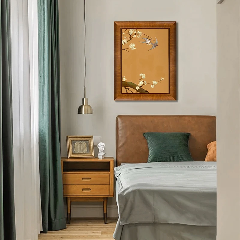 【双燕飞舞】中古风客餐厅装饰画色彩工笔花鸟手工油画玄关原木风画