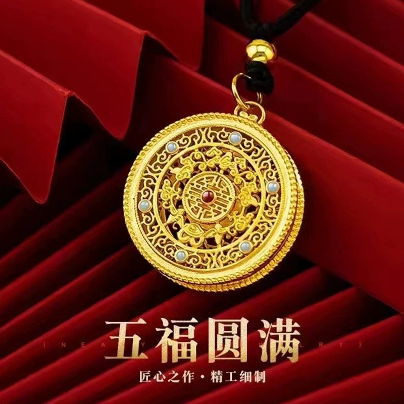 铜合金吊坠 五福圆盘项链女款圆牌毛衣链金色不掉色轻奢时尚饰品