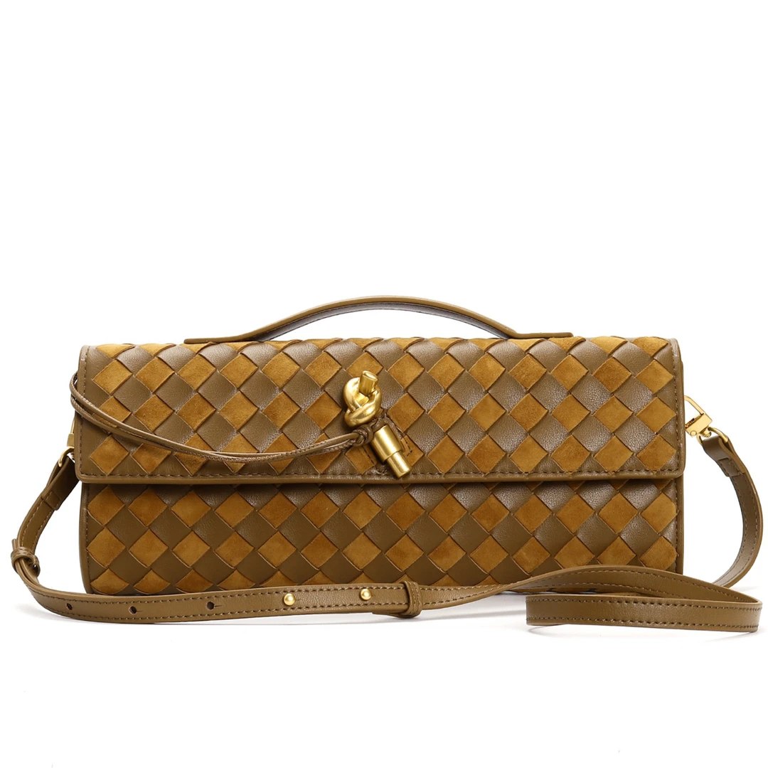 真皮手拿包女士通勤包法棍包秋冬单肩斜挎包编织腋下包新款包包