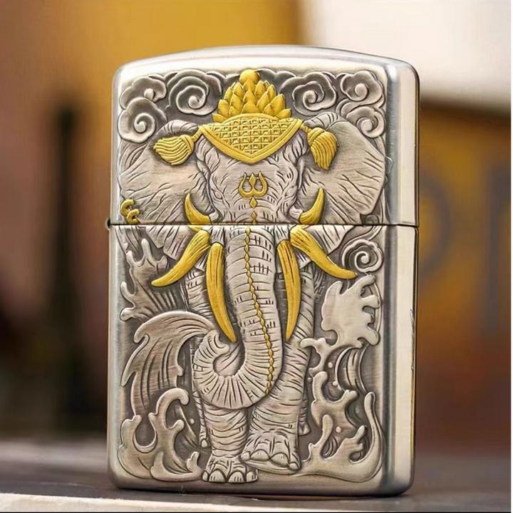 ZIPPO打火机纯银鎏金六牙大象