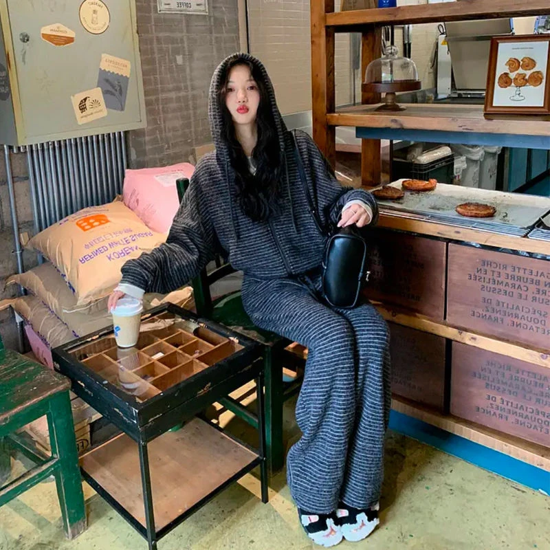 秋季新款韩系慵懒风懒人穿搭松弛感条纹套装女高腰显瘦百搭阔腿裤