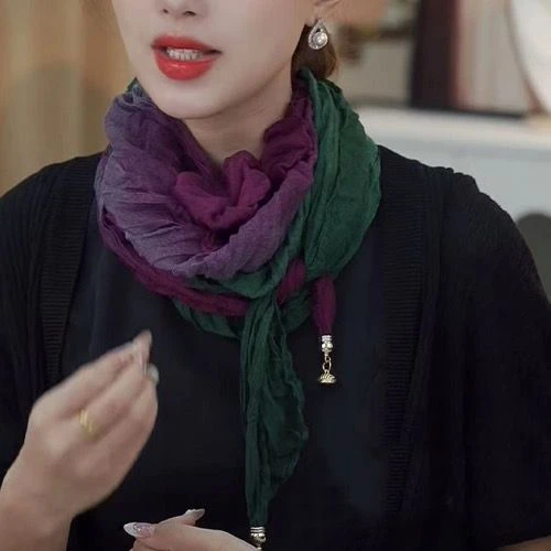 秋冬新款渐变色扎染工艺棉麻磁吸扣围巾时尚洋气款小围脖休闲百搭