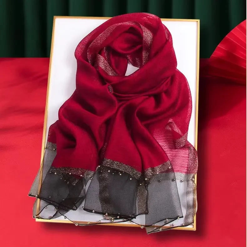 【龙年送礼】高档桑蚕丝羊毛钉珠款围巾 女士百搭时尚披肩保暖丝巾.