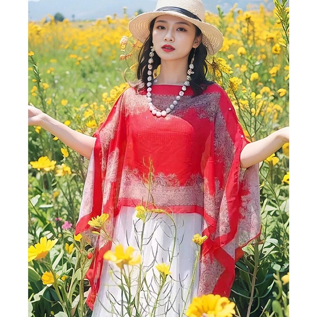 春夏宽松波西米亚风不规则沙滩衫女中长款撞色百变防晒衣披肩丝巾